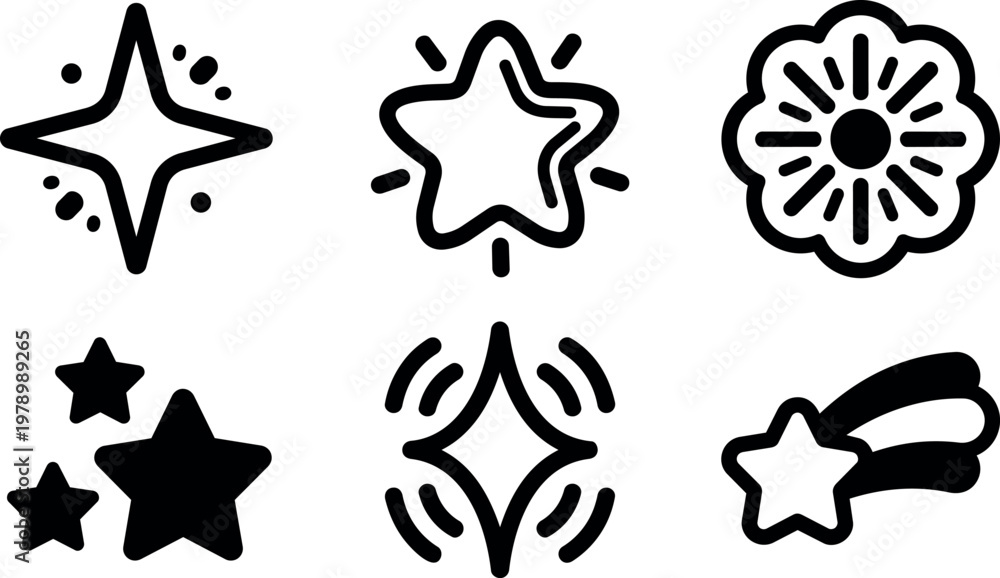 Fototapeta premium Black and white star sparkle shapes vector art set with comet and burst