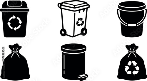 Black and white recycling bins trash bags and waste containers vector art