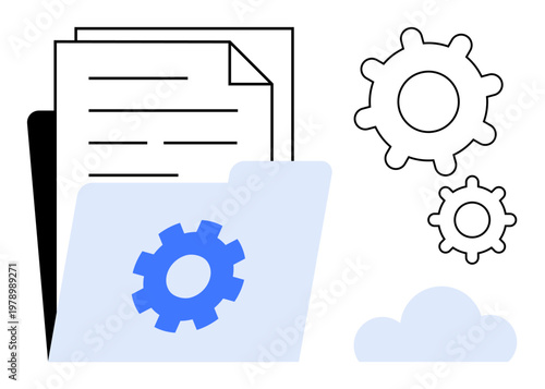 Data organization, cloud storage, digital files, software, automation, cloud computing. A folder with documents, gears and a cloud. Cloud storage and data organization