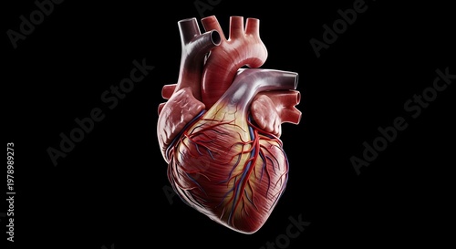 Highly Detailed 3D Render of Human Heart Anatomy with Arteries and Veins, Realistic Medical Illustration of Cardiovascular System, Isolated on Black Background for Healthcare, Biology, and Educational