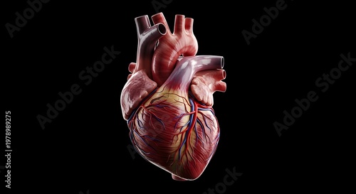 Highly Detailed 3D Render of Human Heart Anatomy with Arteries and Veins, Realistic Medical Illustration of Cardiovascular System, Isolated on Black Background for Healthcare, Biology, and Educational