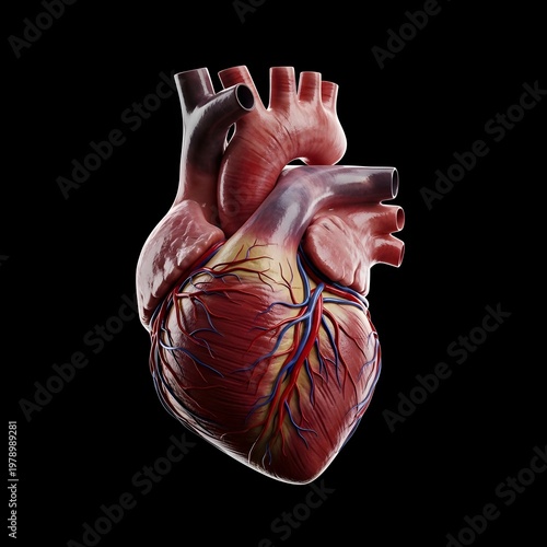 Highly Detailed 3D Render of Human Heart Anatomy with Arteries and Veins, Realistic Medical Illustration of Cardiovascular System, Isolated on Black Background for Healthcare, Biology, and Educational
