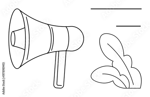 Advertising, communication, promotion, environmental awareness, marketing, outreach. Black and white megaphone with lines and foliage. Communication and advertising focus with simplicity