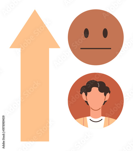 Progress, personal development, self-improvement, decision-making, mental health, emotional transitions. Upward arrow alongside neutral face and human figure. Progress and personal development