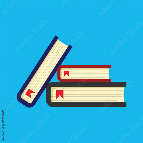 Stacked colorful books with bookmarks on blue background, education and reading concept illustration.