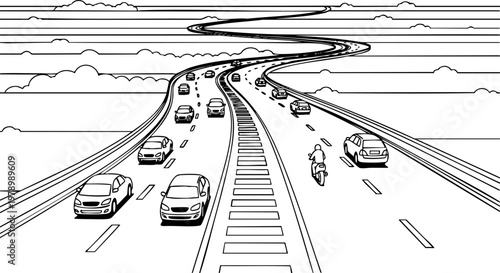 Long winding highway illustration featuring many busy cars and a motorcycle moving toward the far horizon.