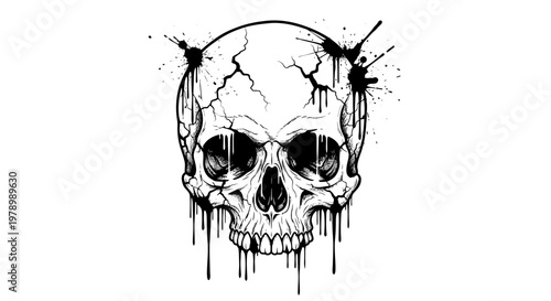 Cracked skull with dripping ink and splatters, dark grunge style