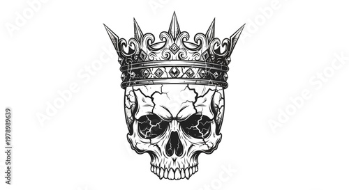 Cracked skull with ornate crown, gothic, dark fantasy, death symbol