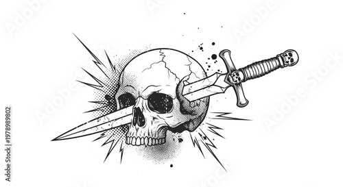Skull pierced by a dagger, graphic illustration, grunge style