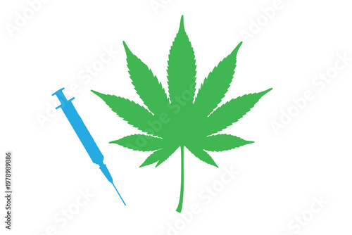 Medical cannabis research concept, marijuana leaf with syringe illustration. EPS 10