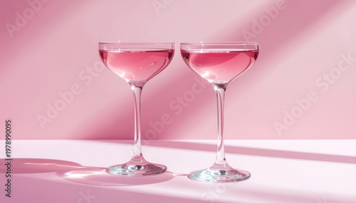 Elegantly Styled Rose Wine Glasses Against a Gradient Pink Backdrop with Sunlight