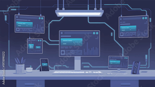 Dark blue workstation with multiple computer monitors, data dashboards, and glowing circuit lines