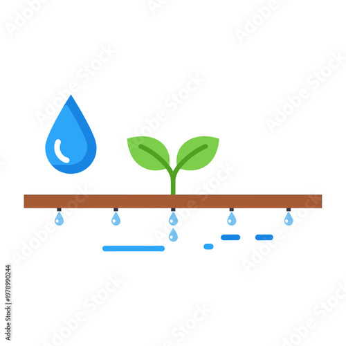 A flat vector illustration showing a small green plant with an irrigation system