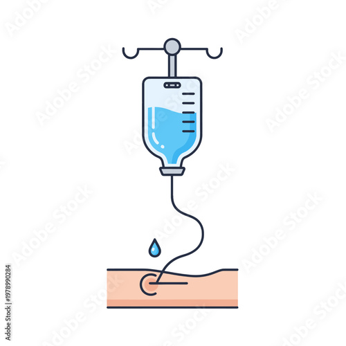 A medical intravenous drip bag connected to a patient arm for treatment