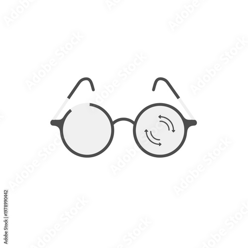 A simple graphic illustration of round eyeglasses with a circular refresh icon