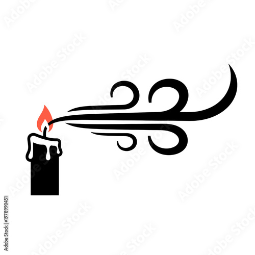 A simple graphic illustration of a candle flame being blown by a gust of wind