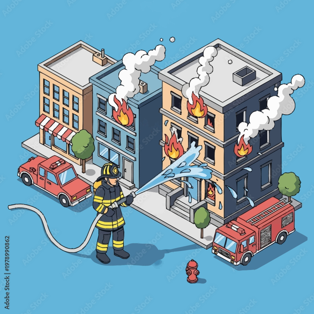Naklejka premium Firefighter battling a building fire.