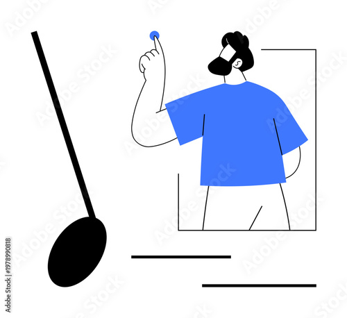 Technology, digital interfaces, touchscreen interaction, futuristic concepts, usability, cooking. Man touches virtual screen with spoon silhouette. Technology and digital interfaces context