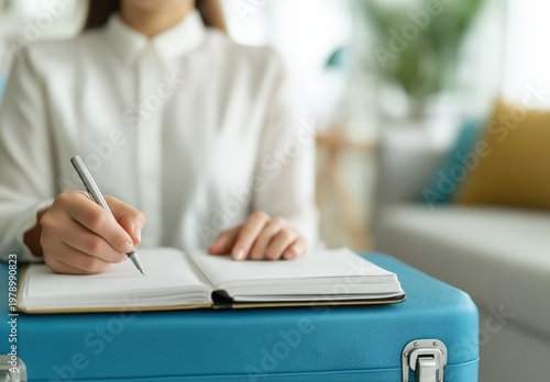 Woman preparing for a journey, writing notes in a planner or journal, organizing upcoming travel and packing essentials