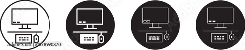 Computer workstation icons set showing monitor keyboard