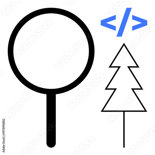 Technology integration, environmental , software development, coding, online research, digital tools. Magnifying glass, tree coding brackets. Technology integration and environmental themes focus