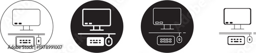 Computer workstation icons set showing monitor keyboard
