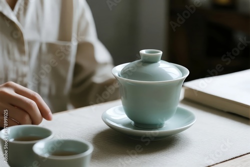 A person preparing tea using a traditional ceramic gaiwan and small cups on a wooden table.
