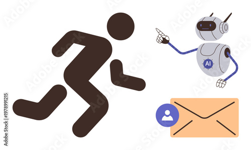 Technology, AI communication, automation, digital interaction, workflow management, notifications. Robot pointing at a running person and email icon. Technology and AI communication concept