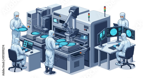 Isometric shot of workers in clean suits operating advanced wafer fabrication equipment in a sterile semiconductor factory, with a light blue color scheme and precise detailing