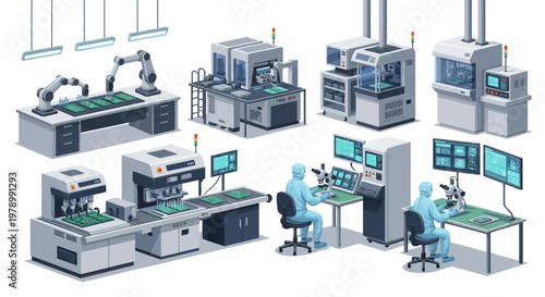 Isometric view of a modern production line featuring advanced machines and robotic arms in a clean, brightly lit factory setting, showcasing automated manufacturing processes with a focus