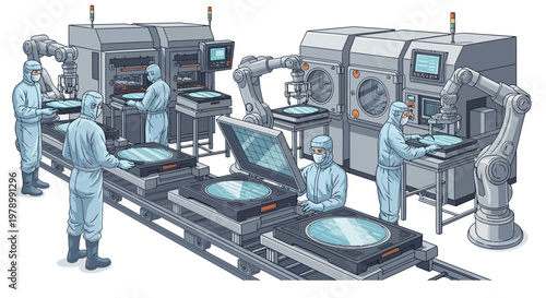 Isometric vector art showcases workers in clean suits overseeing robotic arms on a conveyor belt in a sterile factory setting, rendered with cool, muted tones and precise detail