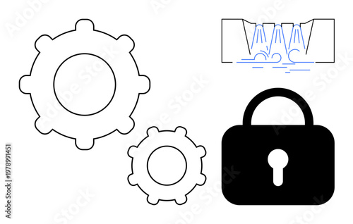Technology, digital security, data privacy, mechanical systems, innovation, automation. Two gears, a padlock and a nozzle with flowing lines. Digital security and automation concept