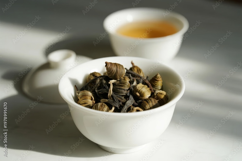 Obraz premium Dried tea leaves in a white bowl with brewed tea in the background