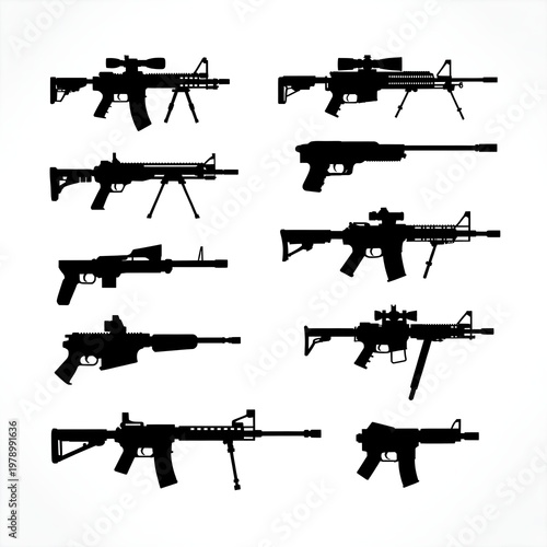silhouettes of various types of modern weapons