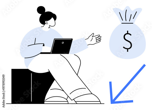 Financial management, online banking, digital transactions, savings, investments, freelance economy. Person using a laptop with a money bag and arrow symbol. Financial management and online banking