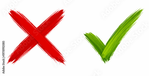 A watercolor collection of red cross and green tick marks featuring hand-painted brush stroke symbols for correct and incorrect selection in a bold grunge style.