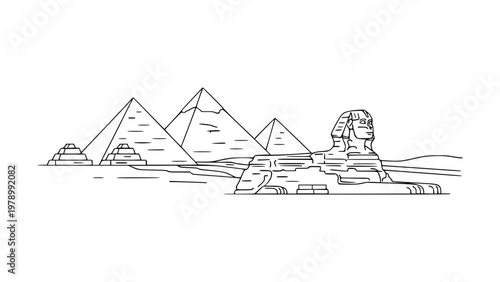 Line art of Great Pyramids of Giza and Sphinx in the Egyptian desert