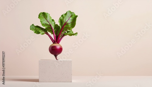 Elegant still life of a beet root with vibrant green leaves on beige backdrop