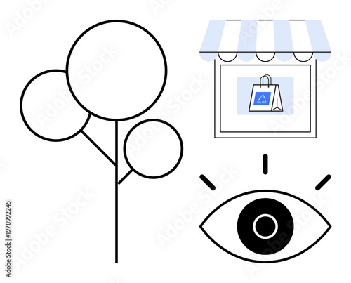 E-commerce, online shopping, digital business, consumer focus, retail innovation, modern branding. Shopping bag in storefront, abstract tree eye symbol. E-commerce and online shopping