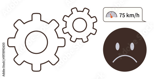 Workforce efficiency, speed monitoring, operational challenges, productivity, automation processes, system feedback. Two cogwheels and a negative emoticon with a speed indicator. Workforce efficiency