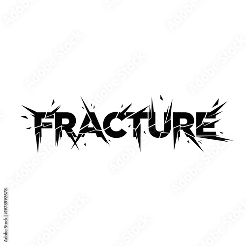 Fracture word with sharp shards exploding outwards, black text on white background