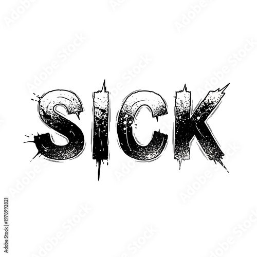 Sick word art, grunge typography, distressed lettering, black ink splatter