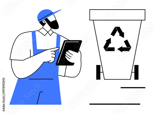 Environmental sustainability, recycling processes, waste management, eco-friendly practices, technology integration, digital logistics. Worker holding tablet near recycling bin. Recycling and waste