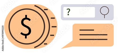 Financial technology, online banking, digital currency, communication, customer support, web search. A dollar coin, query bar with magnifying glass speech bubble. Financial technology and online