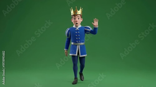 Smiling Cartoon Young Prince Character in Royal Blue Attire and Golden Crown