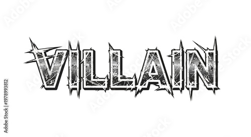 Villain text logo, distressed grunge font, dark, edgy, graphic design element