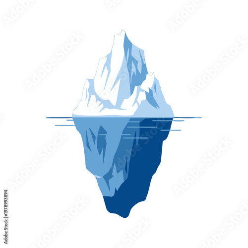 A large blue iceberg floating in the cold ocean water against a white background