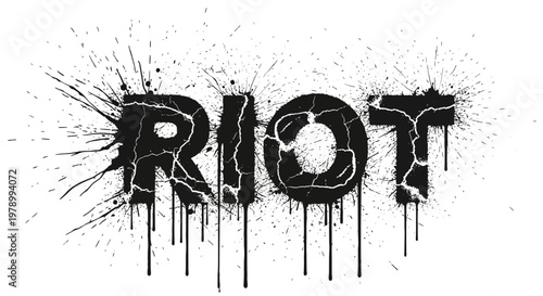 Riot text effect, black ink splatter, grunge style, distressed typography