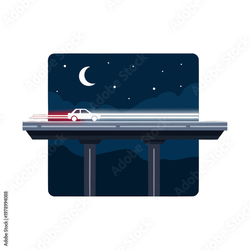 A white car drives across a bridge under a crescent moon at night