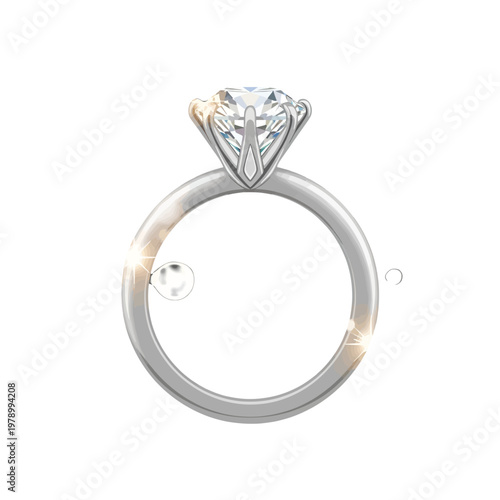 A sparkling diamond ring set in polished silver metal on a white background